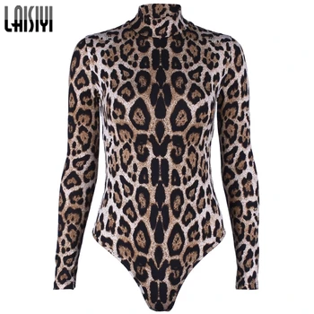 LAISIYI Sexy Leopard Imprimate Bodycon Costume 2019 Primavara Toamna Femei Maneca Lunga guler Corp Skinny Potrivi pantaloni Scurți, Salopete