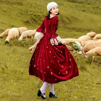 2018 toamna Femei Vintage Maxi Lung Petrecere de Crăciun vestido de Înaltă Calitate, Broderie de Dantelă Floare de Catifea Mozaic Leagăn Rochii