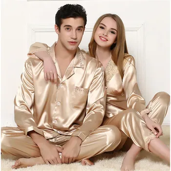 CAIYIER Satin de Matase Pijama Set Culoare Solidă Două de Iarnă Pijamale cu Maneca Lunga Sexy Iubitorii de îmbrăcăminte de noapte pentru Bărbați și Femei Lenjerie Homewear