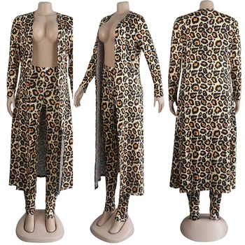 Femei Toamna Set de Două Piese Casual Leopard de Imprimare Cardigan Lung Trenci jacheta Topuri Pantaloni Skinny Potrivi Set Strada Costume de Trening