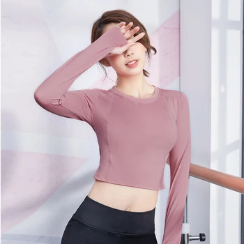 Fanceey roz yoga top cu maneci lungi tricou de plasă sport de top de fitness femei culturilor sus sport iute uscat sport top femei yoga tricou