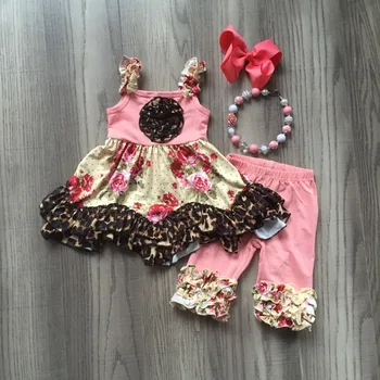 Fete pentru copii tinutele de vara copii florale rochie de imprimare leopard cu pantaloni roz fete haine de vară cu accesorii