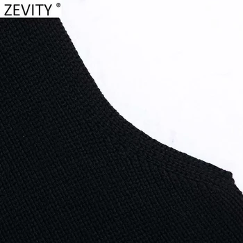 Zevity De Moda Pentru Femei V-Neck Culoare Neagră, Pulover Tricotat Feminin Chic Fără Mâneci Vesta Casual Slim Pulovere Topuri S582