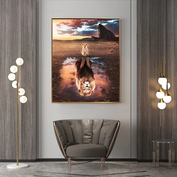African Pui de Leu Apus de soare Inversat Animal Sălbatic Panza Pictura Arta Postere si Printuri Cuadros de Arta de Perete de Imagine pentru Camera de zi