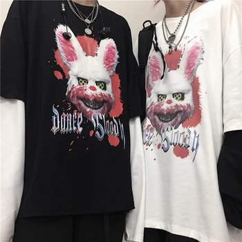 Animal print Harajuku T-shirt Femei Fals 2 Piese Japoneze Fujiang benzi Desenate de Groaza cu Maneci Lungi Tricou Femei Vetement Femme