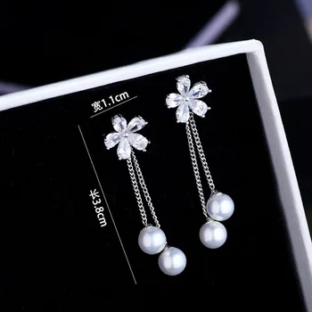 Noua Modă Delicat Cubic Zirconia Floare de Cristal Tassel Cercei Lungi Lanț tassel Cercei cu Perle pentru femei Bijuterii de Nunta 2019