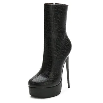 De iarnă pentru Femei de Moda Cizme a Subliniat Toe Snake Print Glezna Cizme Toc 15CM Tocuri inalte Pantofi Femei Toamna Femei Șosete Cizme 36-46