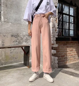 2021 Femei Din Coreea Retro Pantaloni Largi Picior Drept Alb Negru Roz Pantaloni Talie Inalta Blugi De Moda Streetwear Pantaloni Denim