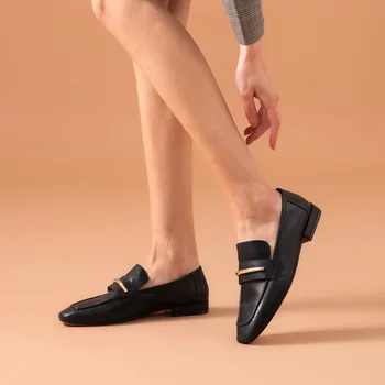 BeauToday Mocasini Mocasini Femei Piele de Vițel Square Toe Slip-on Metal Decor Doamnelor Pantofi Casual Plat Manual 27252