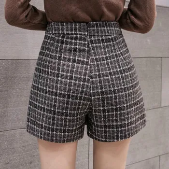 Noua Moda De Tweed În Carouri Pantaloni Scurți, Fuste Femei Toamna Iarna Singur Pieptul De Înaltă Talie Pantaloni Scurți De Lână Femei Casual Culottes