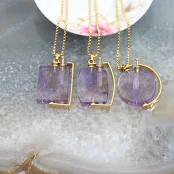 Pietre naturale violet Cristal de Sticla de Parfum Pandantive Colier,Rotativ Cuarț lanțuri de Aur Farmece Ulei Difuzor Flacon cu Ridicata