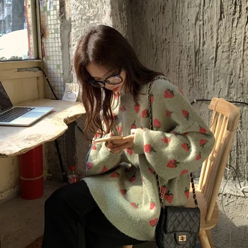 Căpșuni Dulce Pulover Tricotate Femei Drăguț Coreeană Jumper Mânecă Lungă Pierde Îmbrăcăminte Exterioară Plus Dimensiune Pulover Jacheta Pulover Supradimensionat