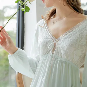 2021 Primăvara anului Nou Model Maneca Lunga Cămașă de noapte pentru Femei Rochie Alba de Bumbac Palace V gât Moale cămașă de noapte Sexy Princess Dantela Homewear