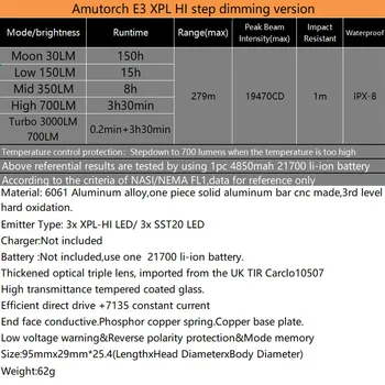Amutorch E3 3x XPL-HI/SST20 CONDUS 3000LM Puternic 21700 EDC Lanterna Lanterna Mini,Solid și Compact