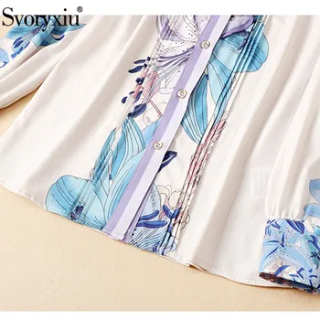 Svoryxiu Toamna Femei Designer de Moda Office Lady Pantaloni Costume Maneca Lunga Floare de Imprimare Volane, Bluza + Pantaloni Set