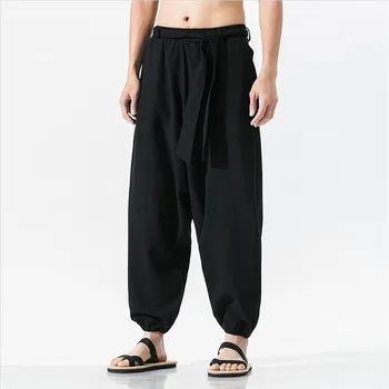 Chineză stil Bărbați Lenjerie de pat din Bumbac Pantalonii plini 2020 Noua Moda Pantaloni Largi Picior Eșarfe Curele Picior de sex Masculin Pantaloni Plus Dimensiune M-7XL