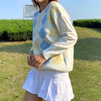 SUCHCUTE Argyle Carouri Pulover Drăguț Femei Pulover Y2K Stil Preppy O de Gât Maneca Lunga din Tricot 2020 Toamna Streetwear