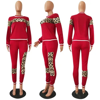 Casual Femei Treninguri De Imprimare Leopard Mozaic Două Piese Maneca Lunga Pulover De Topuri Tricou +Pantaloni Lungi Costum Seturi