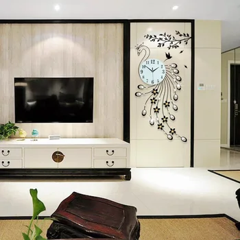 3D Ceas de Perete cu Design Modern Home Decor de Perete Ceasuri Living 39pcs Diamante Păun Decorative din Fier Forjat Tăcut Ceas Mare