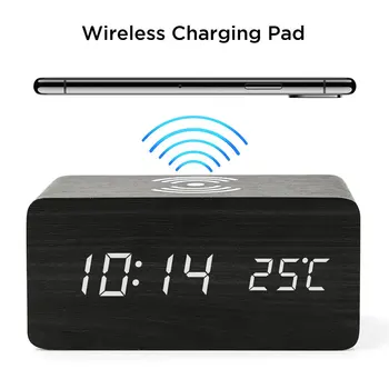 Din Lemn Ceas Cu Alarmă Cu Qi Wireless Charging Pad Compatibil Cu Iphone, Samsung Lemn Led Ceas Digital Sound Control Funct