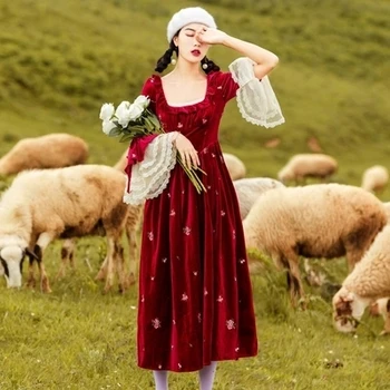 2018 toamna Femei Vintage Maxi Lung Petrecere de Crăciun vestido de Înaltă Calitate, Broderie de Dantelă Floare de Catifea Mozaic Leagăn Rochii
