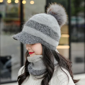 Noi Feminin Cald Iepure Blană Tricotate Pălărie Și Eșarfă Set Femeie Plus Guler De Catifea Îngroșarea Pălării Set De Iarna Bereta Pălării Pentru Femei
