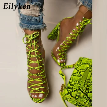 Eilyken Moda verde Fluorescent Serpentine transparente, Tocuri Glezna Cizme pentru Femei Legați în Cruce Peep Toe Pantofi Doamnelor Cizme
