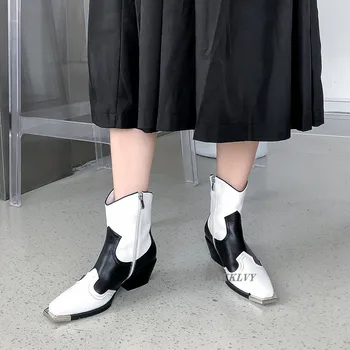 Metal square toe glezna cizme femei alb-negru culori amestecate indesata mijlocul toc pista pantofi de sex feminin cowboy vest cizme scurte 2020