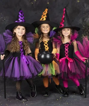 Copii Halloween-Costum de Vrăjitoare Pufos Panglică de Genunchi Lungime Carnaval de Halloween Rochii pentru Fete, Joc de Rol Wizard Haine + Palarie de Vrajitoare
