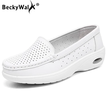 BeckyWalk Alb Pantofi Casual Femei Confortabil Pană Femei Pantofi din Piele de sex Feminin Mocasini Pantofi de damă zapatos mujer WSH2735