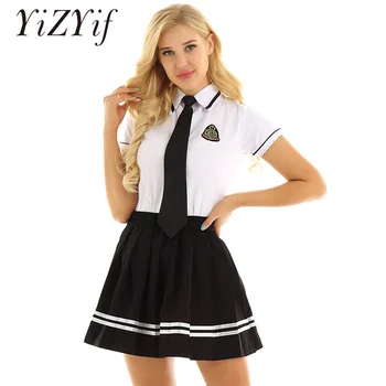 Femei Sexy Fată Școală Uniformă Costum Cosplay Costum Alb cu Maneci Scurte T-shirt Top Negru Fusta Plisata cu Insigna si Cravata Set