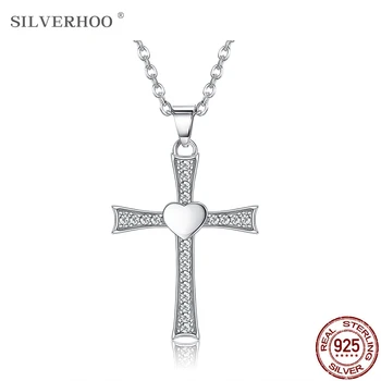 SLVERHOO 925 Sterling de Argint Colier Pandantiv Romantic Inimă Pandantiv cruce Adept Moda Colier Cadou frumos Tendință