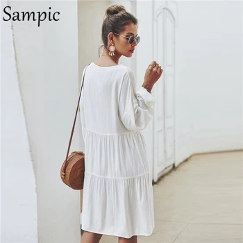 Sampic femei albe vrac plus dimensiunea v gât maneca lunga casual rochie sundress moda vintage boho plaja rochie de primăvară