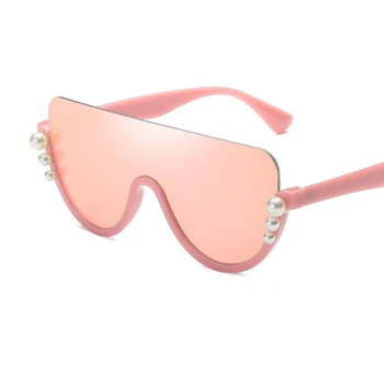 Moda Supradimensionat ochelari de Soare Femei, Una de Piese Albe Jumătate Cadru Perla Ochelari de Soare Femei de Lux Nuanțe de Designer Unic UV400