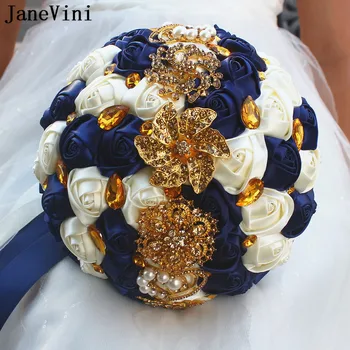 JaneVini de Lux Bleumarin Buchet de Mireasa cu Aur, cu Cristal Satin Rose Diamant cu Mireasa Flori Artificiale Buchete de Mireasa