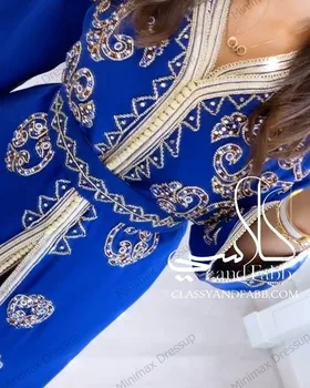 Vintage Albastru Șifon O-linie Caftan Marocan Musulman Rochie de Seara Mâneci Lungi ștrasuri din Mărgele Dubai Saudită Formale de Petrecere, Rochii de Bal Rochie