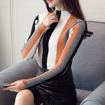 Cu Dungi Verticale Femei Pulovere Stil Coreean Guler Contrast Tricotate Pulovere Maneca Lunga Pulover Tricotaje