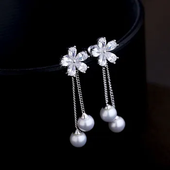 Noua Modă Delicat Cubic Zirconia Floare de Cristal Tassel Cercei Lungi Lanț tassel Cercei cu Perle pentru femei Bijuterii de Nunta 2019