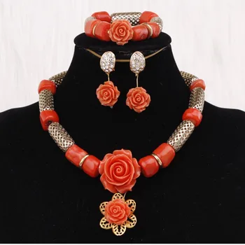 4Ujewelry Declarație Colier Set Farmece Portocaliu Sau Roșu Nigerian Margele de Coral Colier Set de Bijuterii Aur Bijuterii Dubai Noi