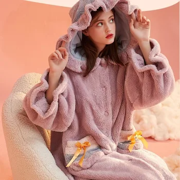 Coral Fleece Cămașă de noapte pentru Femei Moi și Pufoase Pijamale Toamna Iarna Rochie de Noapte Violet Lung Pijamale Drăguț cu Gluga Serviciu Acasă