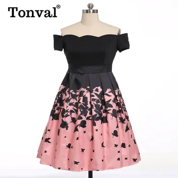 Tonval Plus Dimensiune 5XL Haine de Epocă Femei Negru și Roz Fluture de Imprimare Rochie Eleganta Scoici saint-jacques Asieta de Pe Umăr Rochie de Petrecere