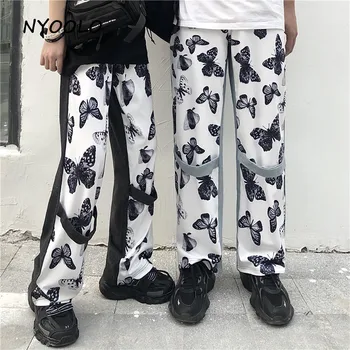 NYOOLO Epocă streetwear alb negru fluture de imprimare mozaic spălat blugi talie mare libertate largi picior pantaloni din denim femei bărbați