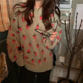 Căpșuni Dulce Pulover Tricotate Femei Drăguț Coreeană Jumper Mânecă Lungă Pierde Îmbrăcăminte Exterioară Plus Dimensiune Pulover Jacheta Pulover Supradimensionat