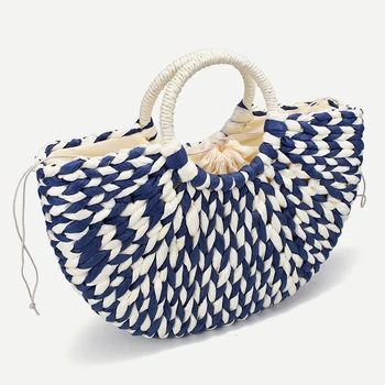 2019 Noi Femei rotund găleată semicerc sac de paie handmade net culoare coș împletit de rattan geantă de mână