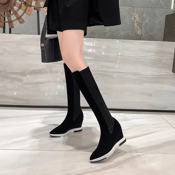 EGONERY Femei Noile Cizme Înalte 2020 de Iarnă de Oaie piele de Căprioară Și Fibre Elastice Superioare Femeie de Moda Cizme Lungi Sexy Pantofi Pene Femeie