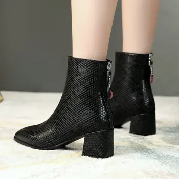 2019 Nou Pantofi Femei Faux Din Piele Cu Toc Glezna Cizme De Moda Deget De La Picior Pătrat Toamna Iarna Cizme Cu Fermoar Femeie Pantofi