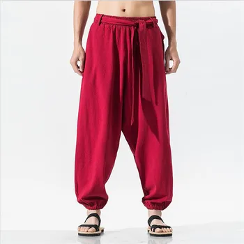 Chineză stil Bărbați Lenjerie de pat din Bumbac Pantalonii plini 2020 Noua Moda Pantaloni Largi Picior Eșarfe Curele Picior de sex Masculin Pantaloni Plus Dimensiune M-7XL