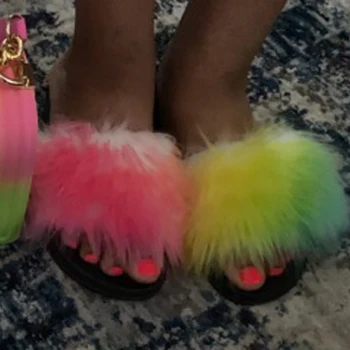 Moda Femei Faux Blana Slide-Uri Casual Acasă Papuci De Interior Cu Blană Sandale Plate De Sex Feminin Pufos Drăguț De Pluș Pantofi De Plaja Flip Flops Fierbinte