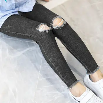 Vânzare Fierbinte Fete Blugi Gaura Rupt Blugi Pentru Copii Coreean Pantaloni Din Denim Negru Îngroșa Jeans Floral Jean Pantaloni Fata Pantaloni