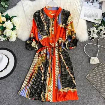 Femei vara print camasa maneca lunga rochie de imprimare de Mare talie rochia de șifon cutat rochie de mari dimensiuni de moda rochie de WA232